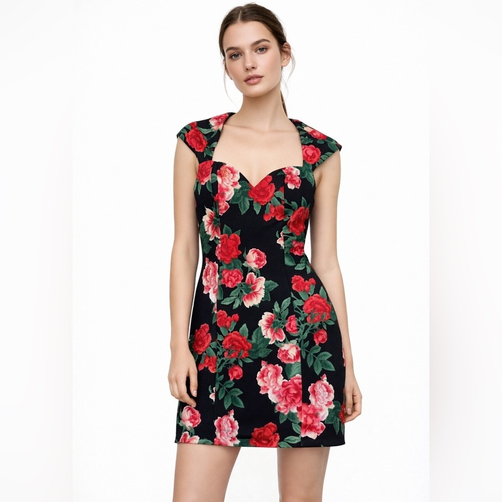 GUESS Floral Sweetheart Neck Bodycon Dress Black Rose Print Size 6